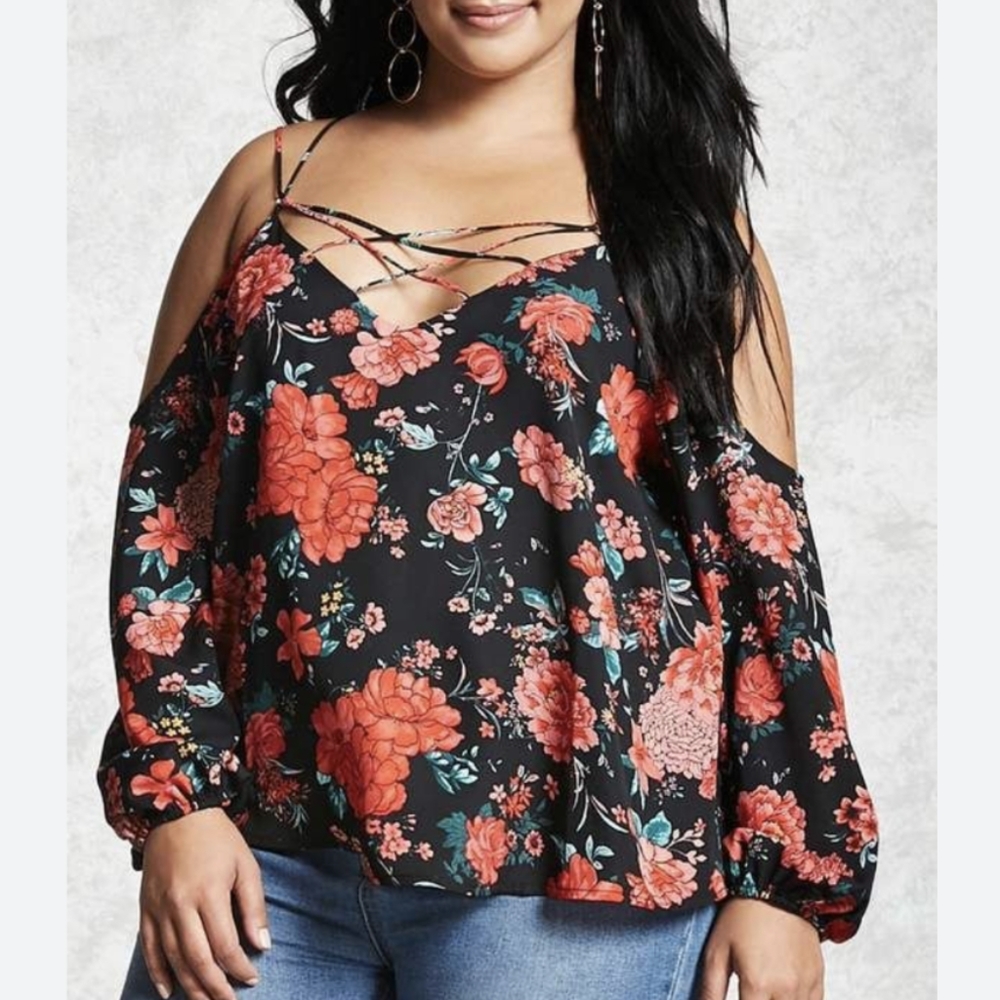 Forever 21 Contemporary Red Black Floral Top 0X